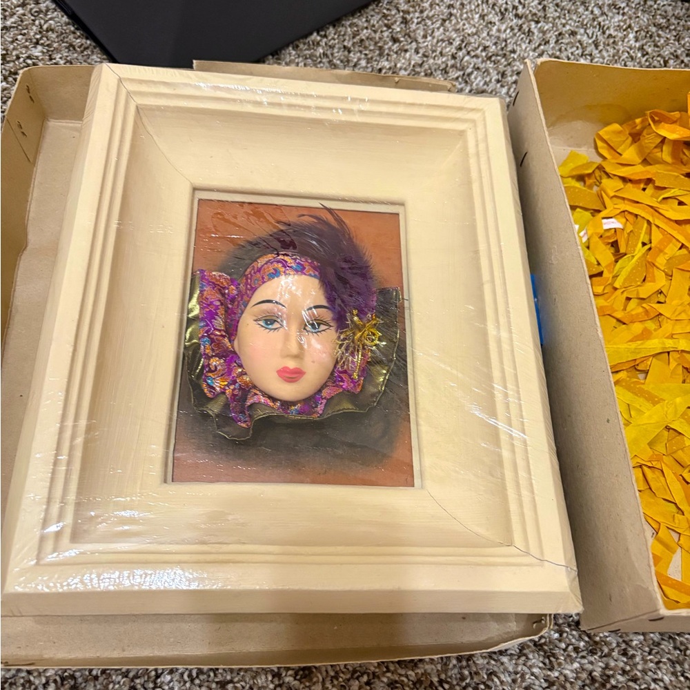 FREE Framed vintage decor porcelain doll face with a Venetian-style mask